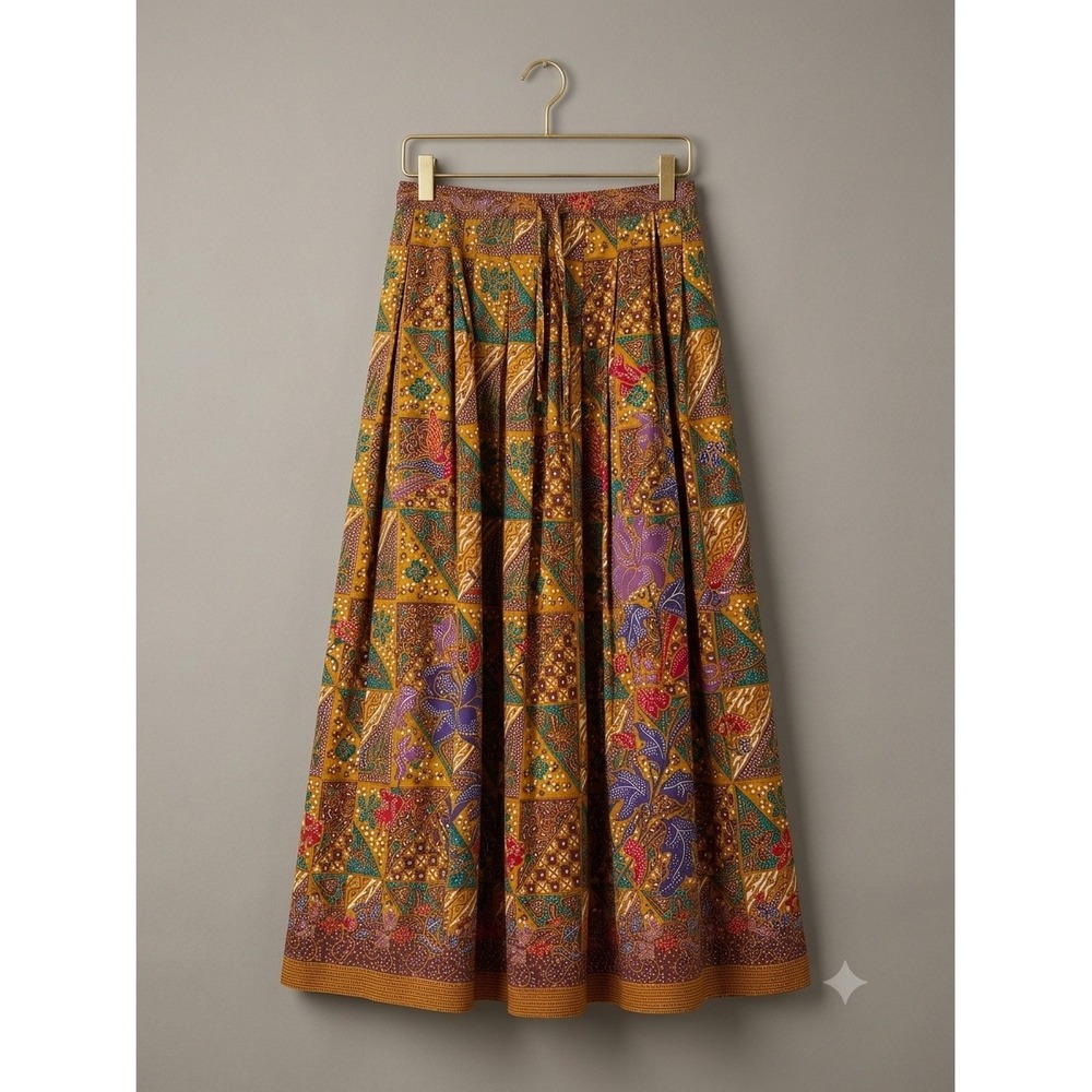Vintage Liz Claiborne Mustard Yellow Batik Patchwork Cotton Maxi Skirt Size 6